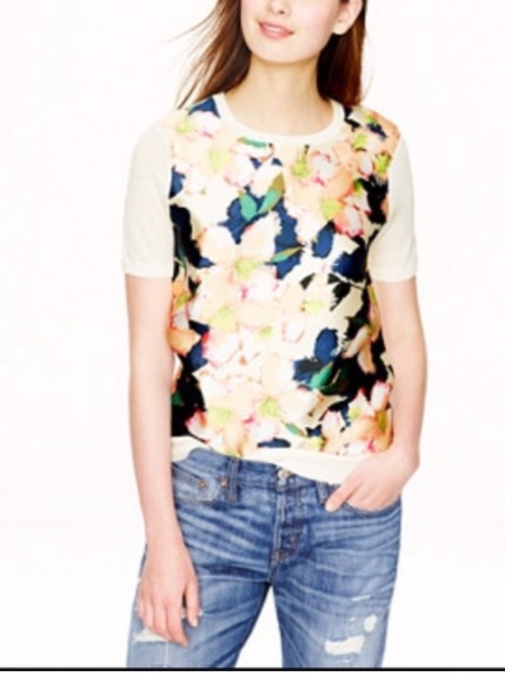 J. Crew Floral Crewneck Sweater in Cream, Navy, Pink, Green